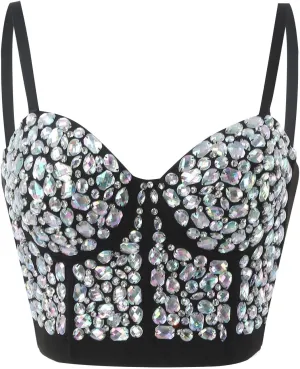 Womens Sleeveless Camisole Summer Bustier Crop Tops Rhinestone Design Casual Club Party Glitter Corset Top