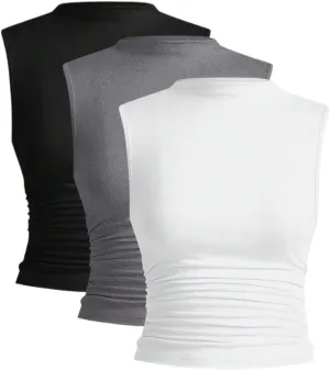Womens Sleeveless Camisole Tank Tops Blouse Solid Color Crew Neck Ruffle Trim Sleeveless Tank Tops