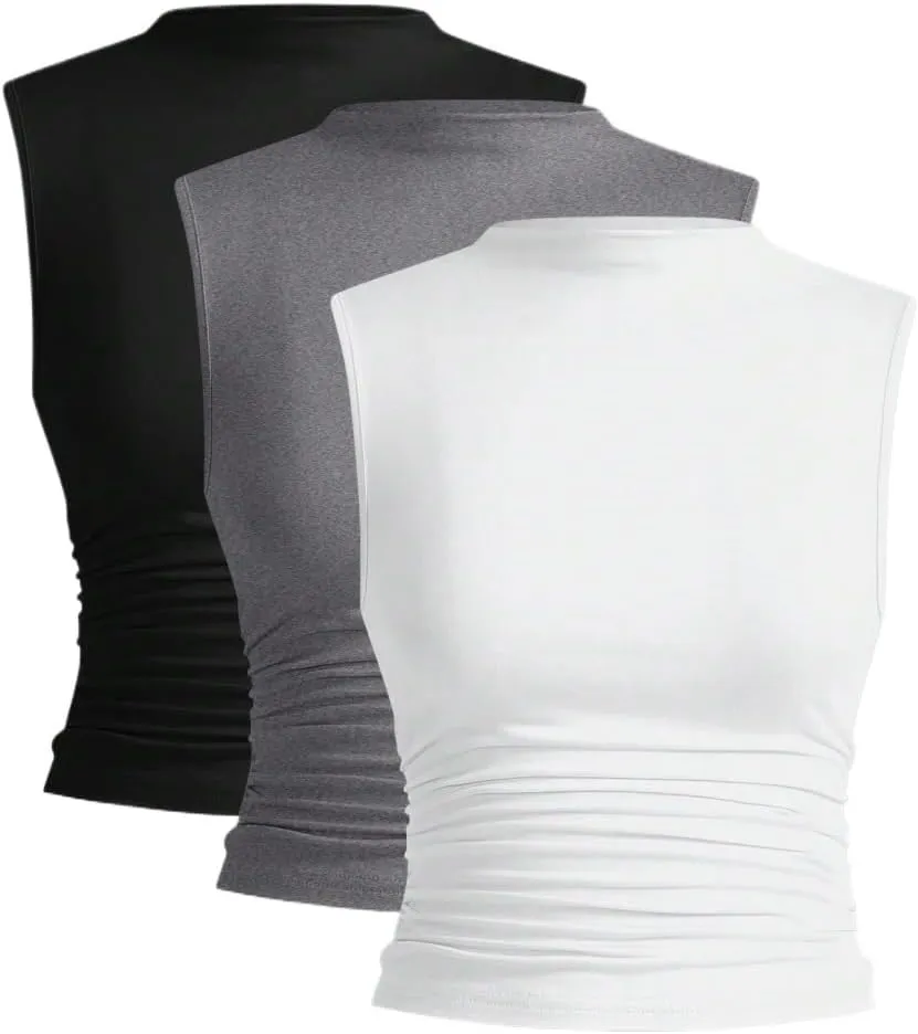 Womens Sleeveless Camisole Tank Tops Blouse Solid Color Crew Neck Ruffle Trim Sleeveless Tank Tops