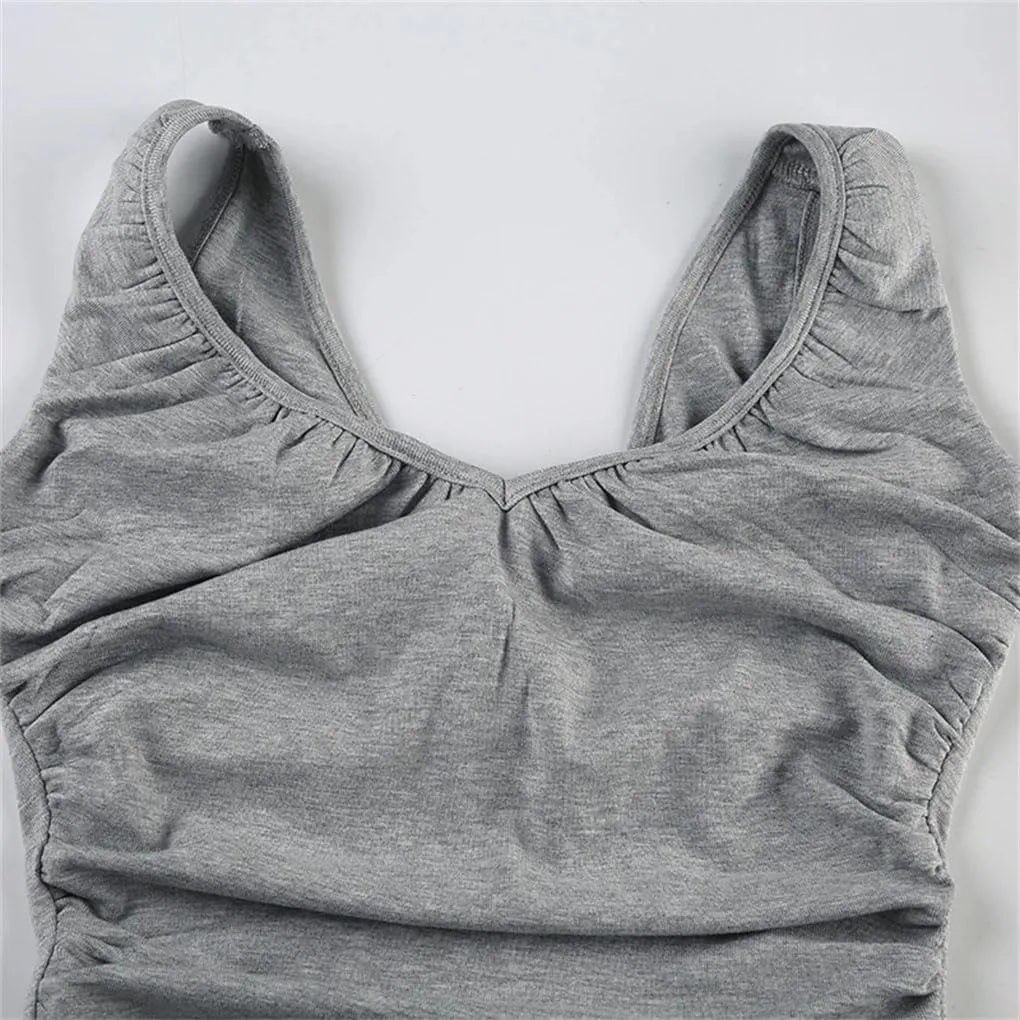 Women's Solid Color Casual Round Neck Cotton Pleated Slim Fit Camisole