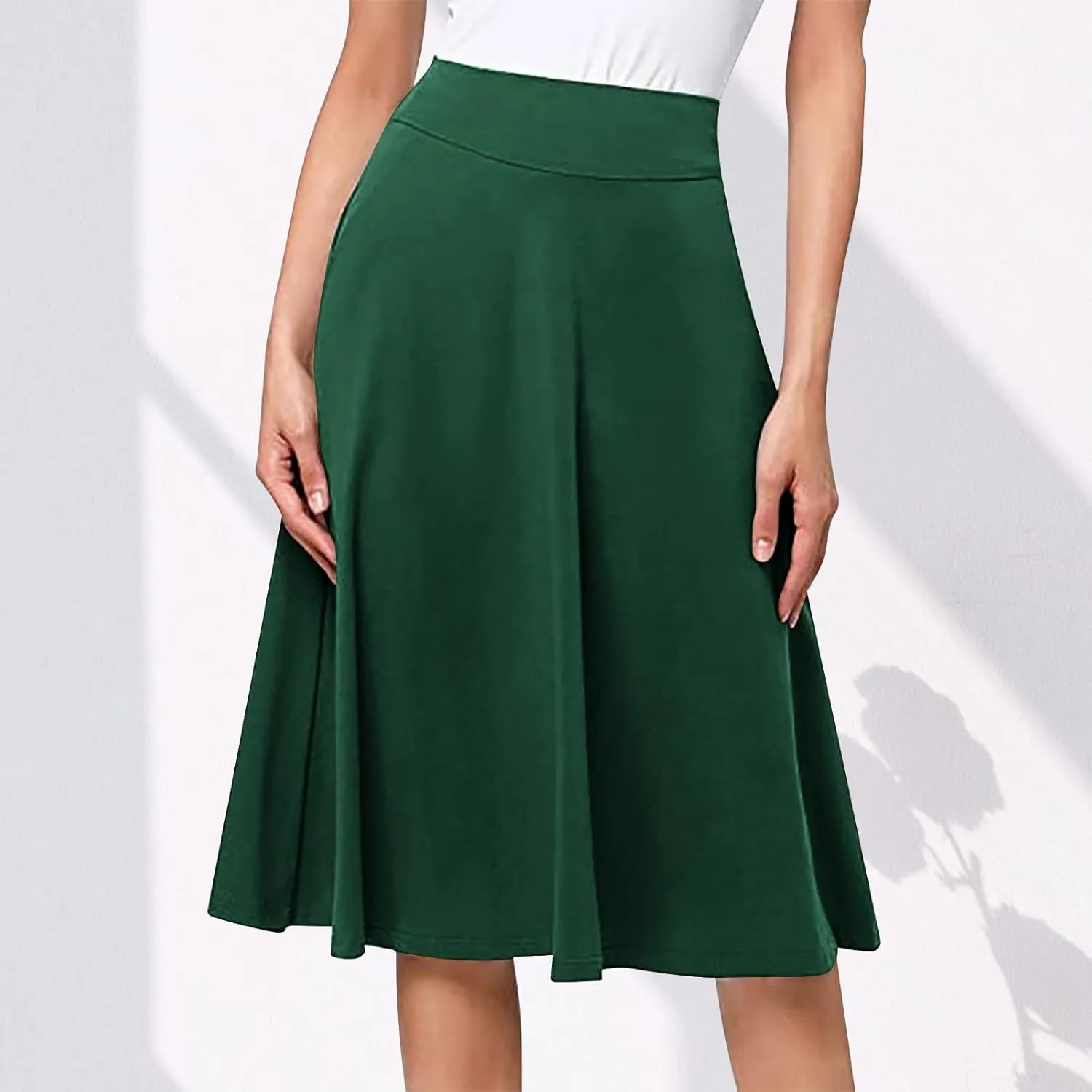 Women's Stretchy High Waist Flare A-Line Midi Skirt Solid Knee Length Elegant Skirts Casual Summer Loose Flowy Skirt
