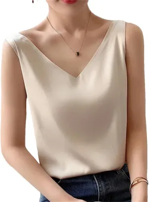 Women's Summer Ice Silk Camisole V-Neck Tops Satin Camis Crop Top Solid Blouse Vest Champagne L