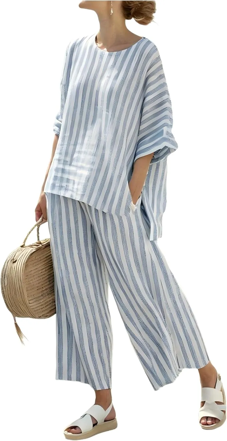 Women's Trendy Blue White Striped Loose Fit Round Neck 3/4 Sleeve Top Wide Leg Pants Set Casual Outfit Loungewear