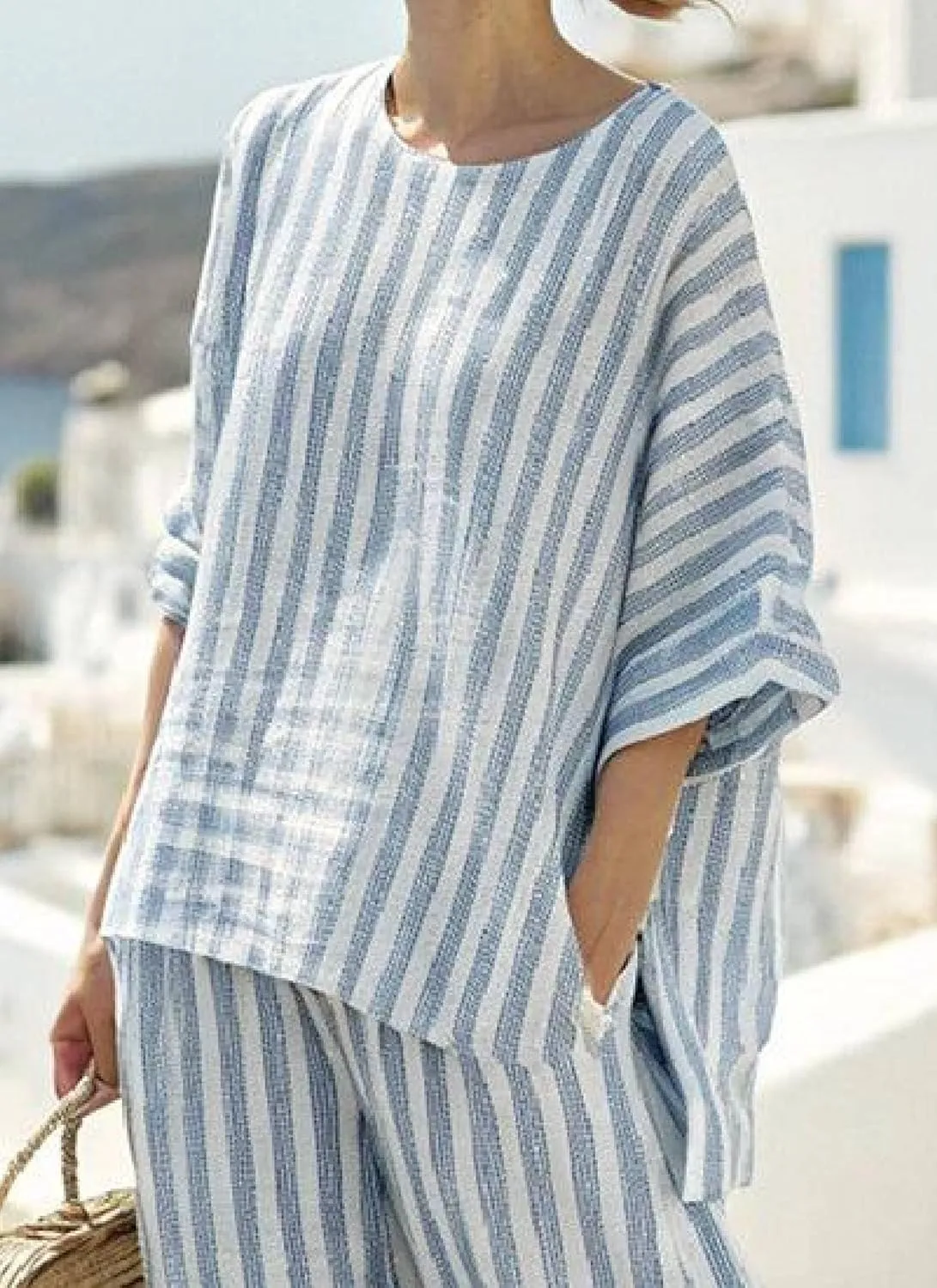 Women's Trendy Blue White Striped Loose Fit Round Neck 3/4 Sleeve Top Wide Leg Pants Set Casual Outfit Loungewear