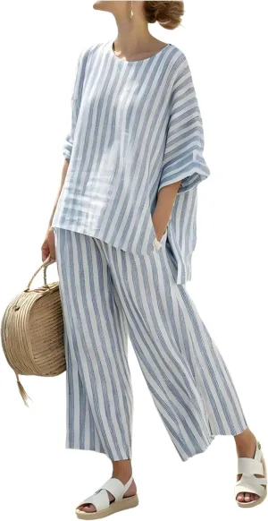 Women's Trendy Blue White Striped Loose Fit Round Neck 3/4 Sleeve Top Wide Leg Pants Set Casual Outfit Loungewear