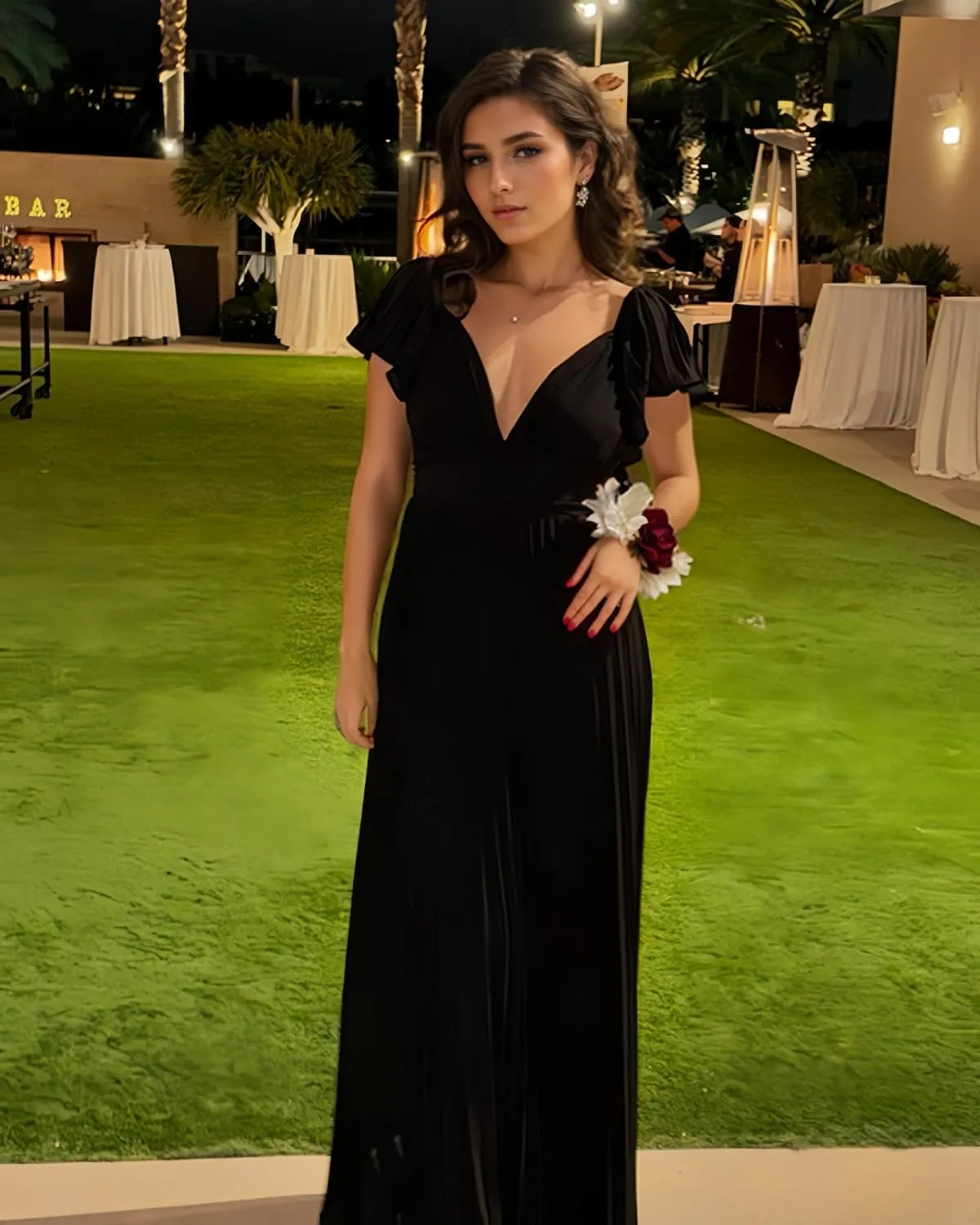 Women's V Neck Bridesmaid Dresses with Ruffle Sleeve Long Chiffon Pleated Formal Evening Gowns