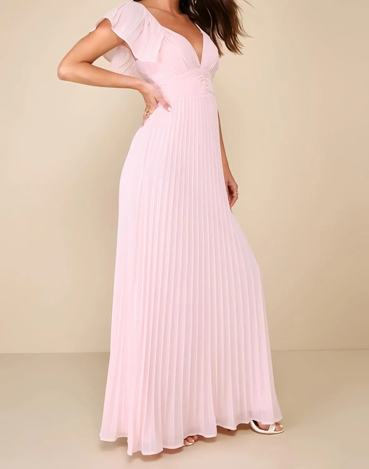 Women's V Neck Bridesmaid Dresses with Ruffle Sleeve Long Chiffon Pleated Formal Evening Gowns