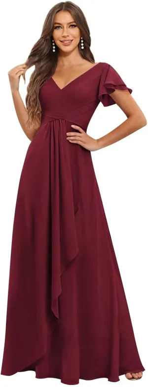 Women's V Neck Chiffon Bridesmaid Dresses with Sleeves Ruffle Long Formal Wedding Guest Dress
