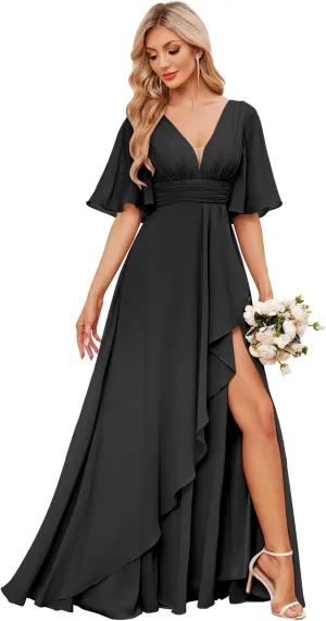 Women's V-Neck Half Sleeve Bridesmaid Dress Long with Slit Ruffle Chiffon Evening Formal Party Gown