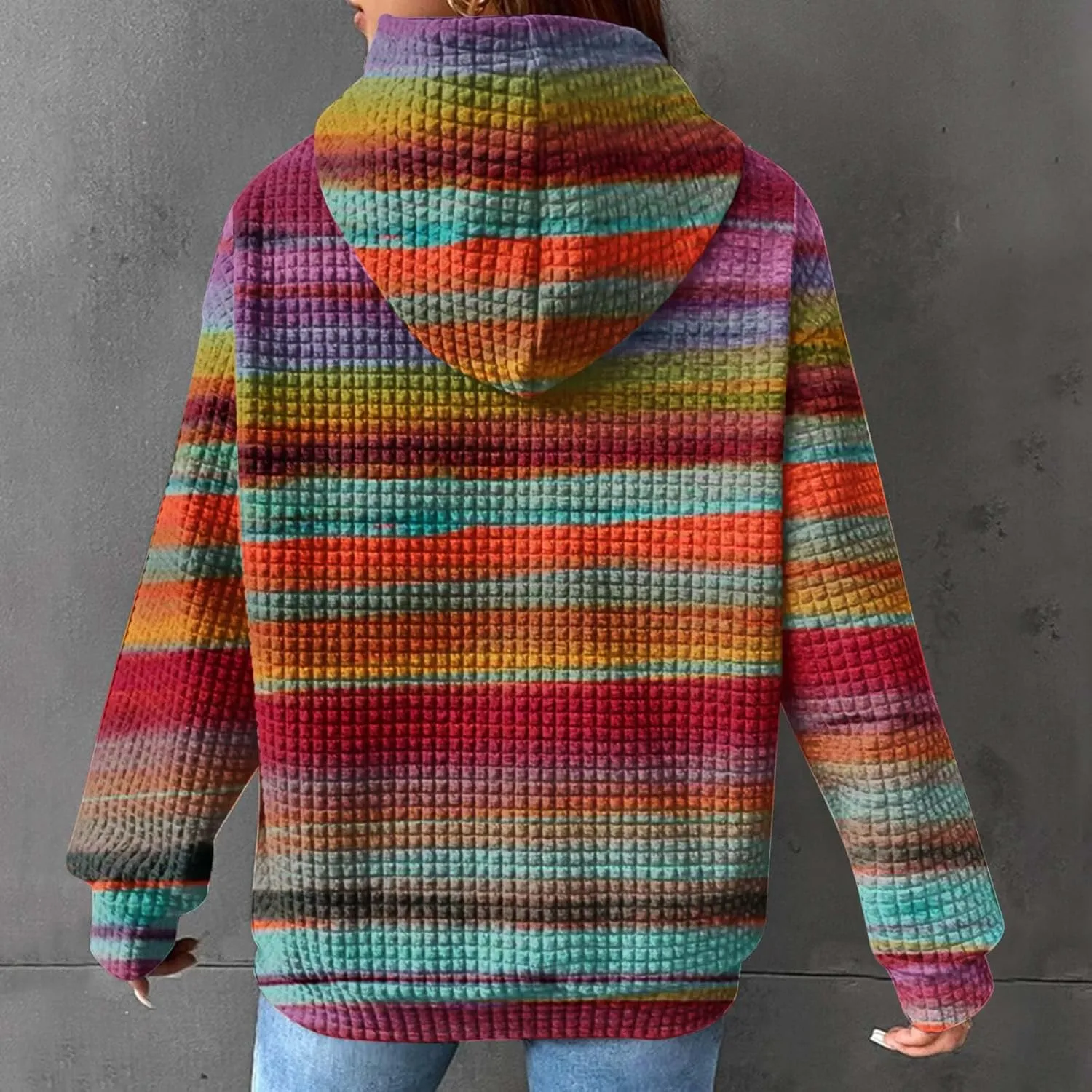 Womens Waffle Knit Hoodie Oversized Fashion Multicolored Sweatshirt Casual Drawstring Pullover Tops with Pockets