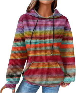Womens Waffle Knit Hoodie Oversized Fashion Multicolored Sweatshirt Casual Drawstring Pullover Tops with Pockets