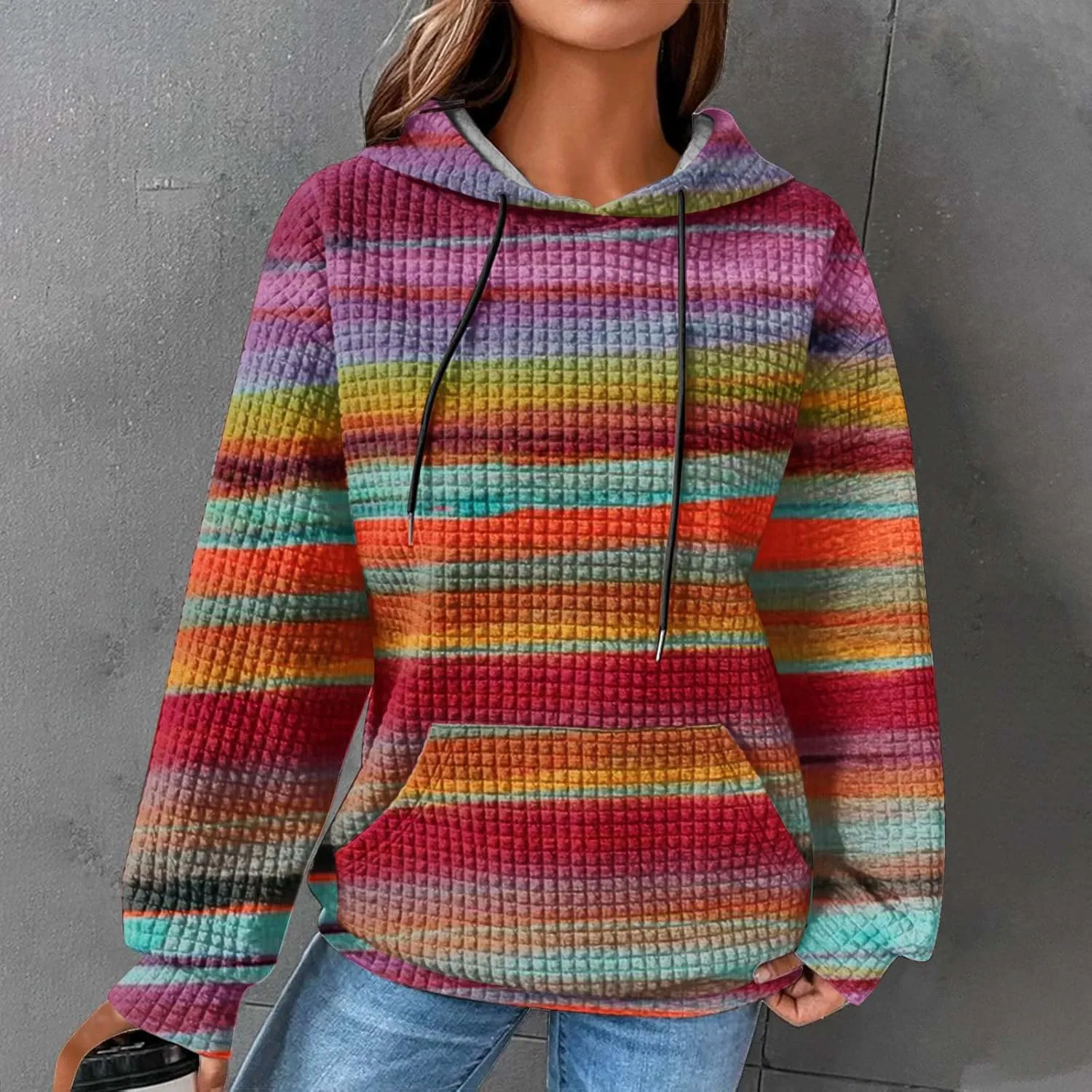Womens Waffle Knit Hoodie Oversized Fashion Multicolored Sweatshirt Casual Drawstring Pullover Tops with Pockets