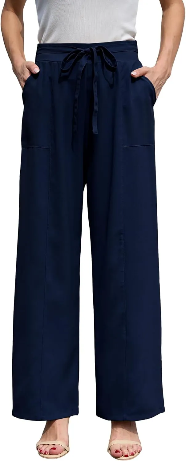 Women's Wide Leg Pants High Waisted Adjustable Tie Knot Loose Trousers Business Work Casual Pants with Pockets