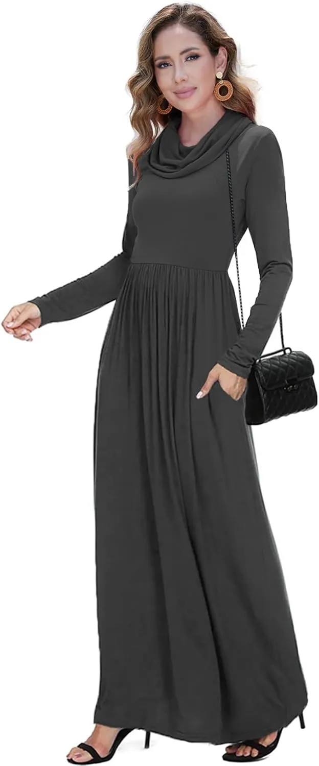Women's Winter Long Sleeve Casual Maxi Dress Cowl Neck Empire Waist Plain Loose Long Dress with Pockets