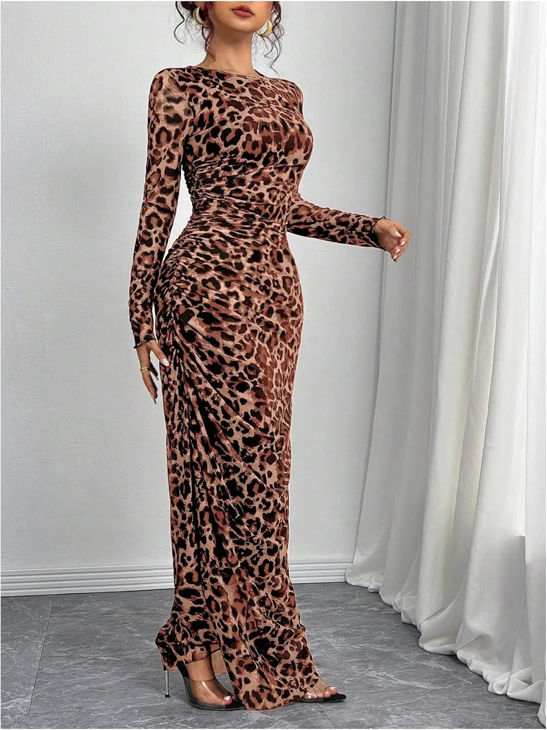 Women's Y2k Leopard Print Fitted Mesh Sheer Bodycon Dress Cheetah Long Sleeve Crew Neck Maxi Dress