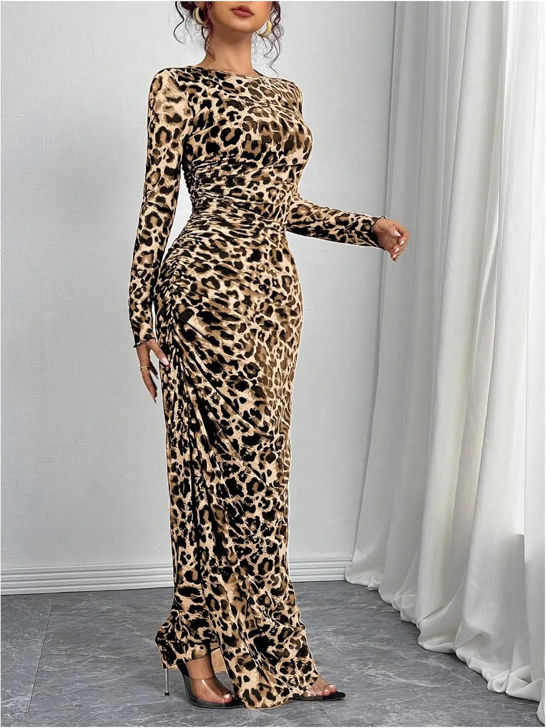 Women's Y2k Leopard Print Fitted Mesh Sheer Bodycon Dress Cheetah Long Sleeve Crew Neck Maxi Dress