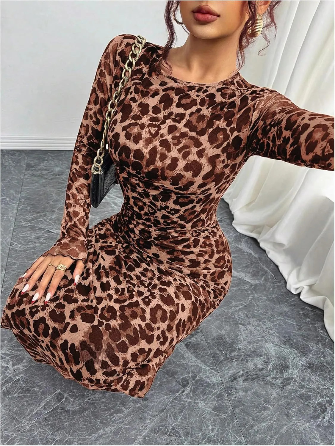 Women's Y2k Leopard Print Fitted Mesh Sheer Bodycon Dress Cheetah Long Sleeve Crew Neck Maxi Dress