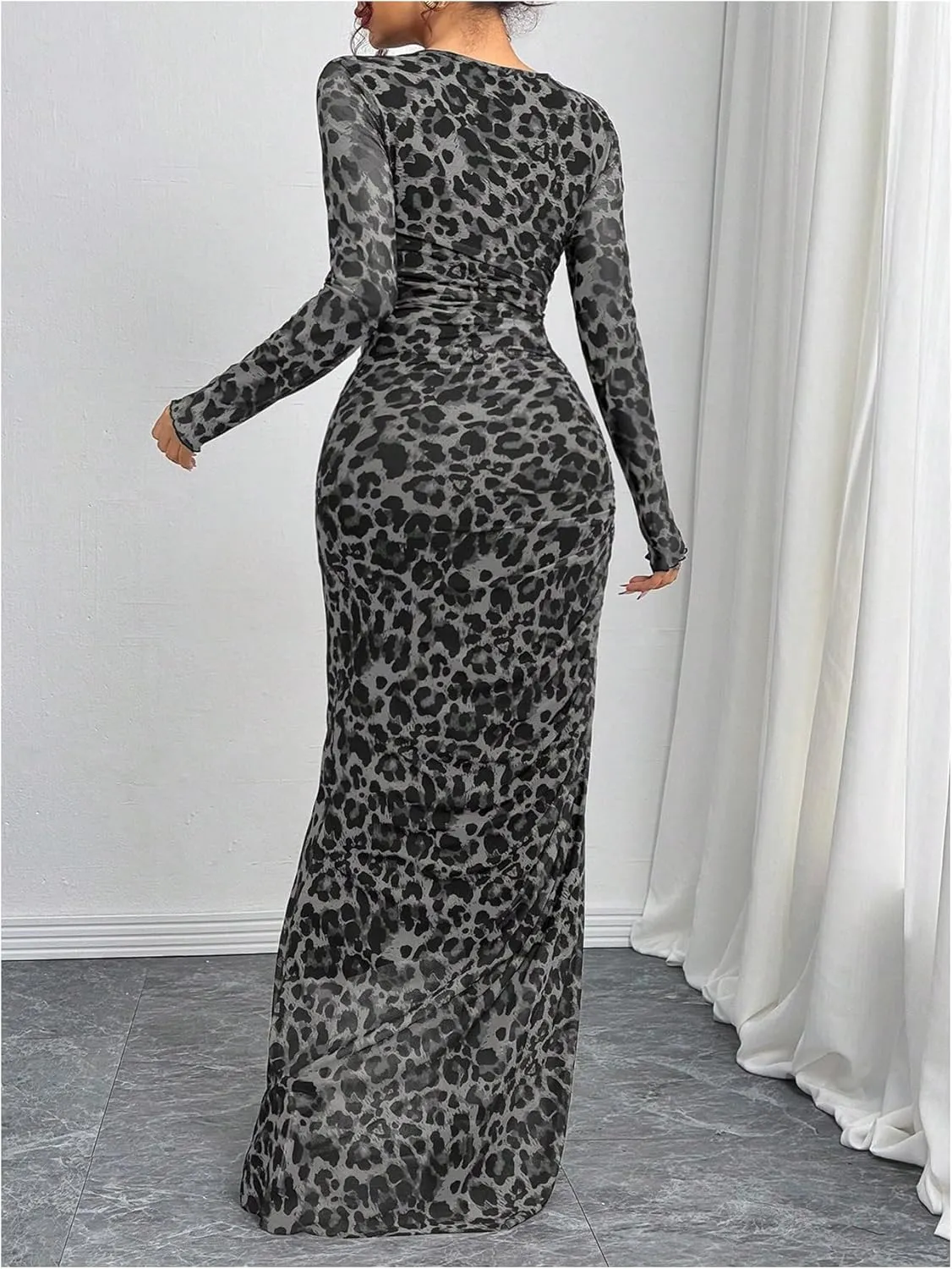 Women's Y2k Leopard Print Fitted Mesh Sheer Bodycon Dress Cheetah Long Sleeve Crew Neck Maxi Dress