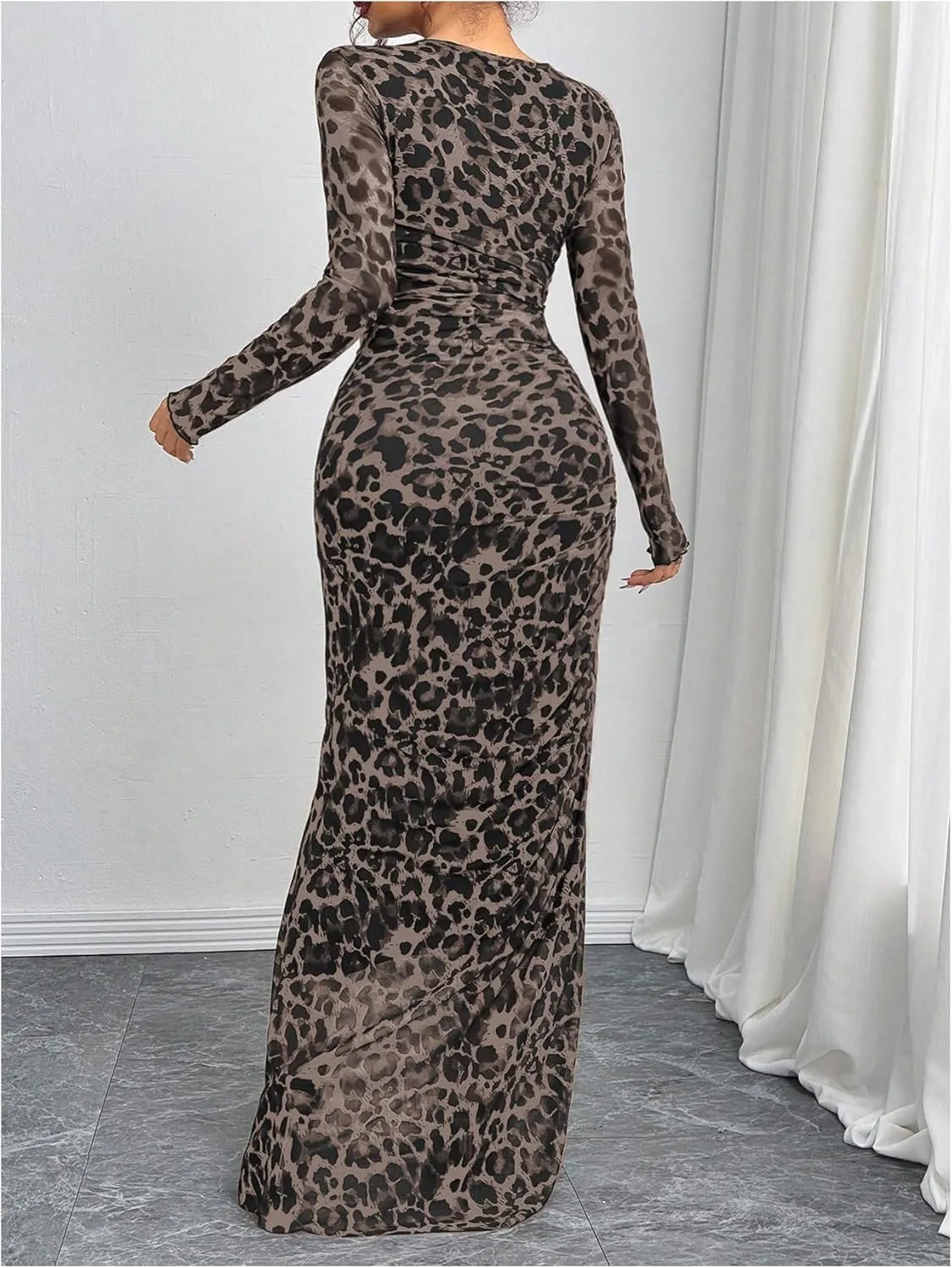 Women's Y2k Leopard Print Fitted Mesh Sheer Bodycon Dress Cheetah Long Sleeve Crew Neck Maxi Dress