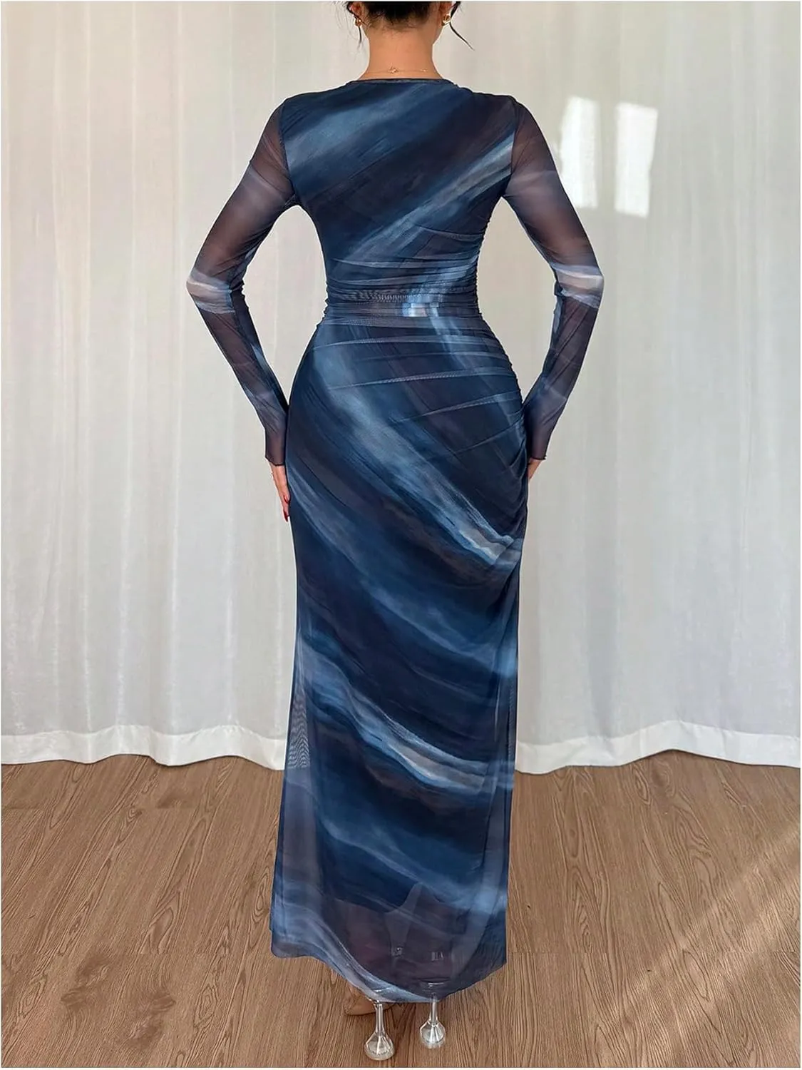 Women's Y2k Leopard Print Fitted Mesh Sheer Bodycon Dress Cheetah Long Sleeve Crew Neck Maxi Dress