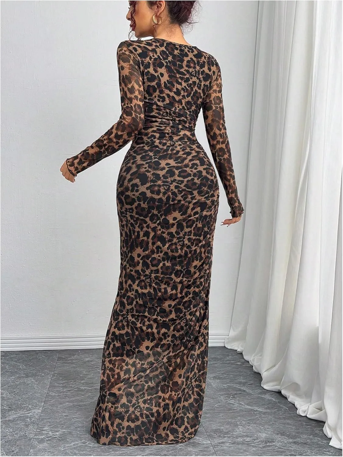 Women's Y2k Leopard Print Fitted Mesh Sheer Bodycon Dress Cheetah Long Sleeve Crew Neck Maxi Dress