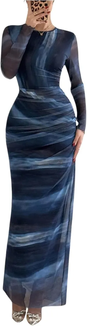 Women's Y2k Leopard Print Fitted Mesh Sheer Bodycon Dress Cheetah Long Sleeve Crew Neck Maxi Dress