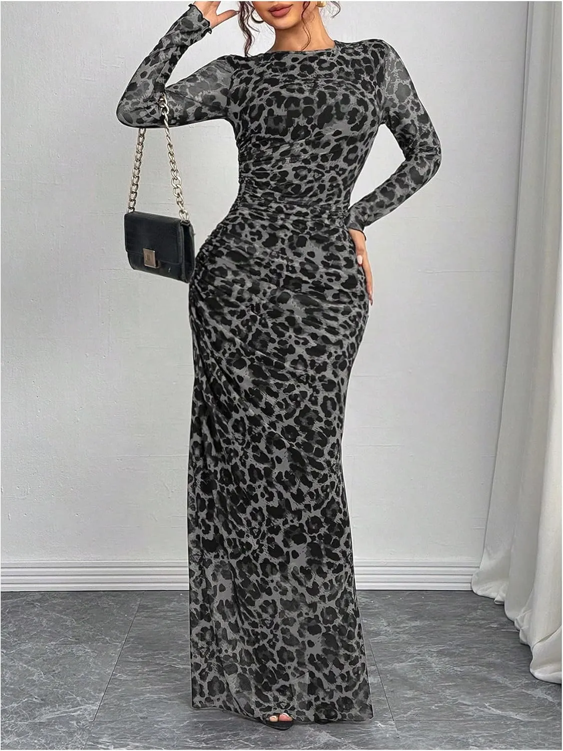 Women's Y2k Leopard Print Fitted Mesh Sheer Bodycon Dress Cheetah Long Sleeve Crew Neck Maxi Dress