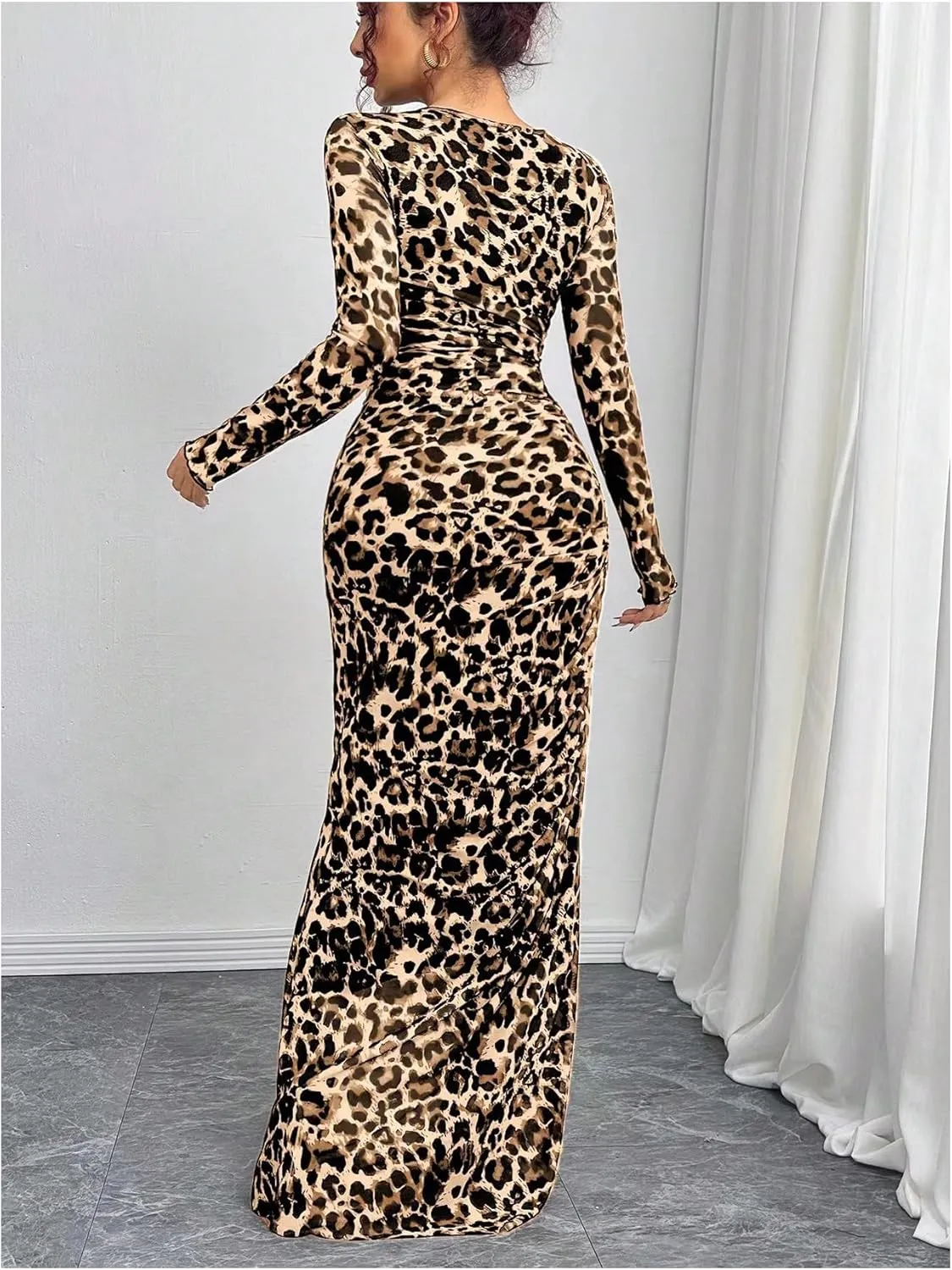 Women's Y2k Leopard Print Fitted Mesh Sheer Bodycon Dress Cheetah Long Sleeve Crew Neck Maxi Dress