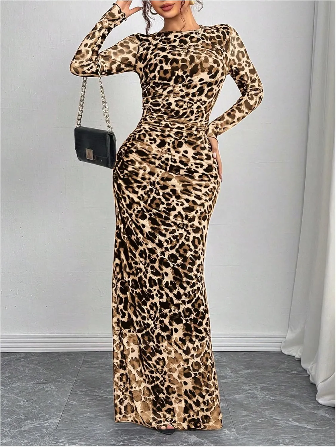 Women's Y2k Leopard Print Fitted Mesh Sheer Bodycon Dress Cheetah Long Sleeve Crew Neck Maxi Dress