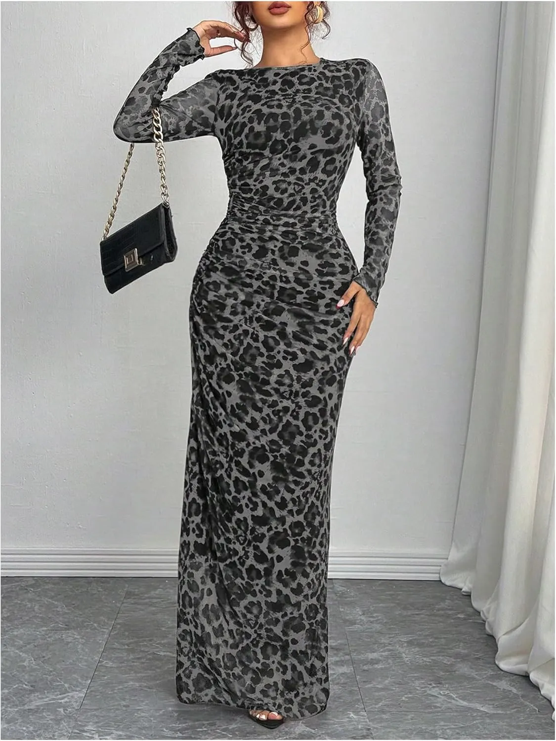 Women's Y2k Leopard Print Fitted Mesh Sheer Bodycon Dress Cheetah Long Sleeve Crew Neck Maxi Dress