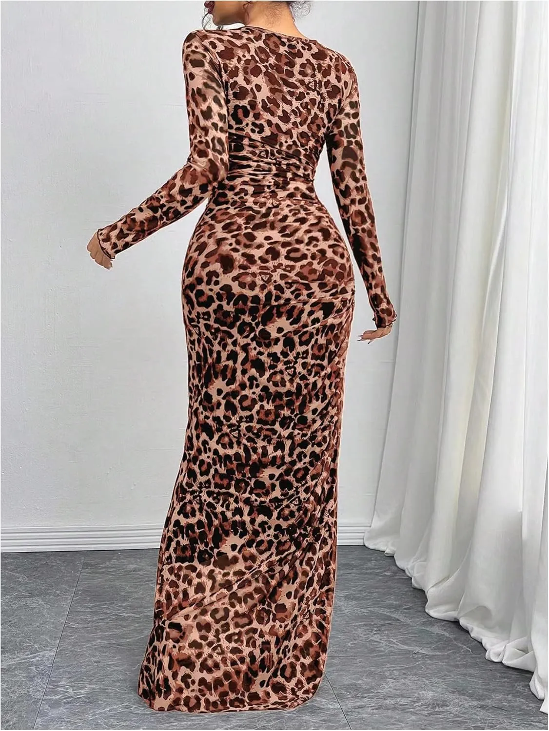 Women's Y2k Leopard Print Fitted Mesh Sheer Bodycon Dress Cheetah Long Sleeve Crew Neck Maxi Dress