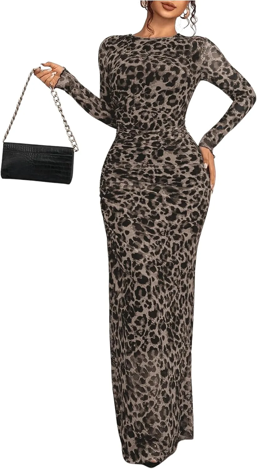 Women's Y2k Leopard Print Fitted Mesh Sheer Bodycon Dress Cheetah Long Sleeve Crew Neck Maxi Dress