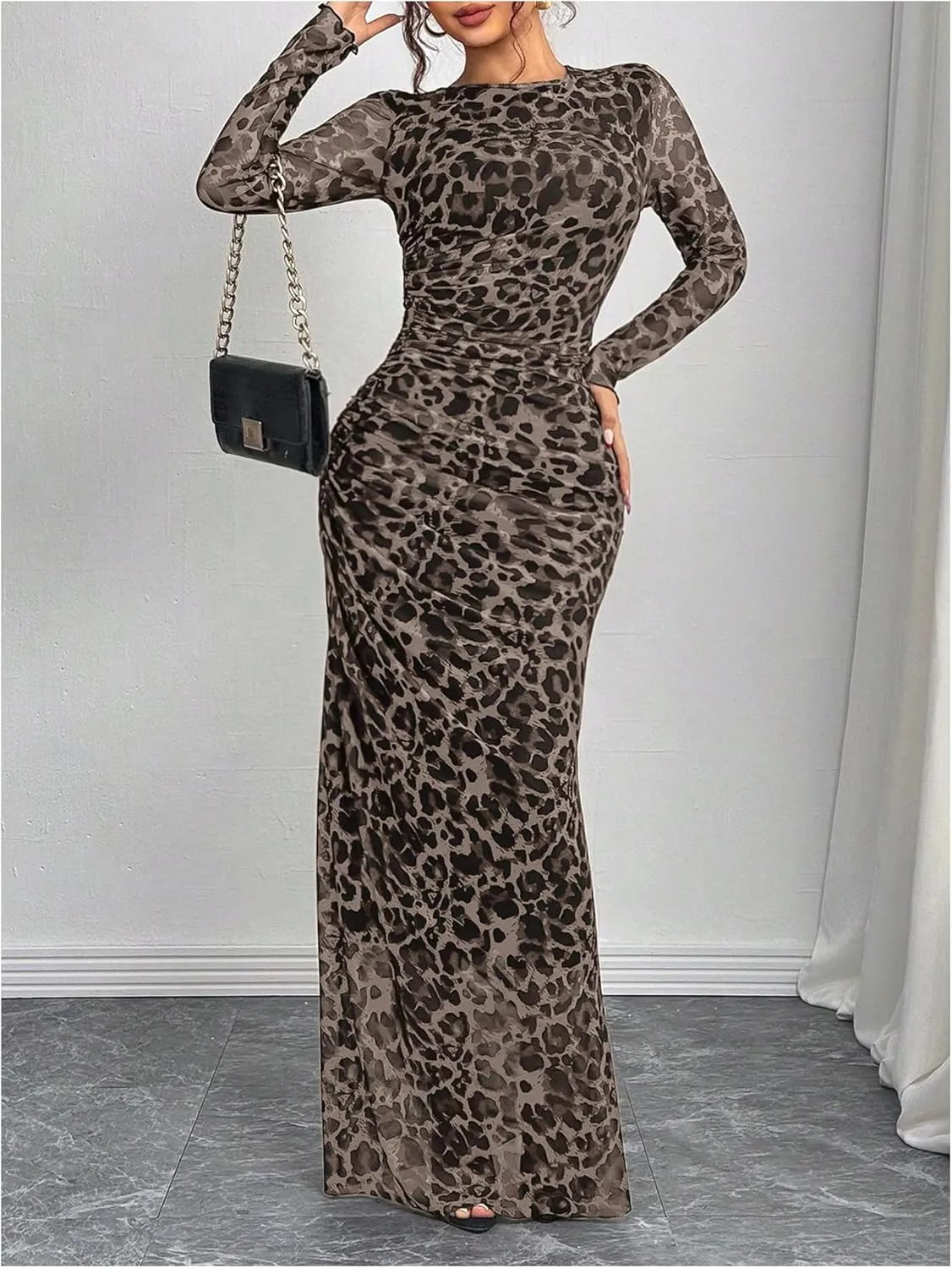 Women's Y2k Leopard Print Fitted Mesh Sheer Bodycon Dress Cheetah Long Sleeve Crew Neck Maxi Dress
