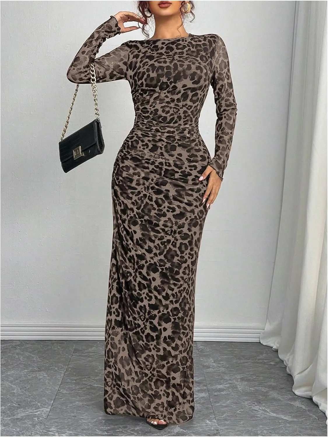 Women's Y2k Leopard Print Fitted Mesh Sheer Bodycon Dress Cheetah Long Sleeve Crew Neck Maxi Dress