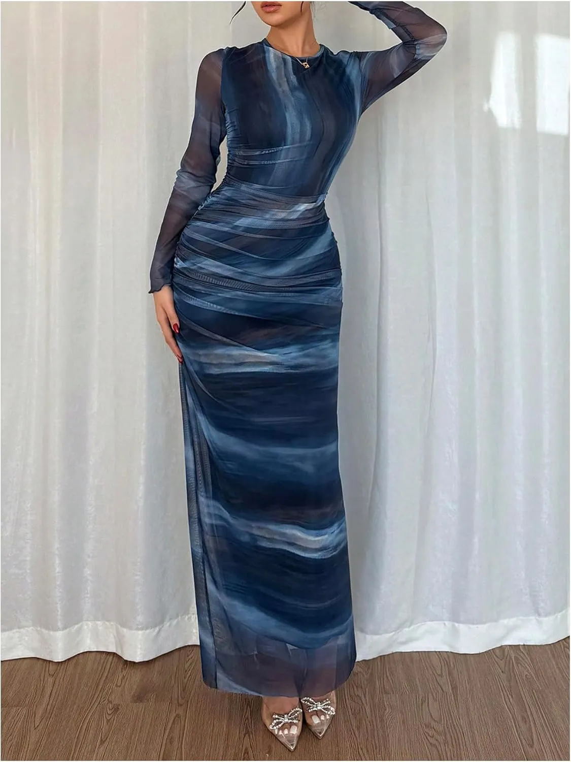 Women's Y2k Leopard Print Fitted Mesh Sheer Bodycon Dress Cheetah Long Sleeve Crew Neck Maxi Dress