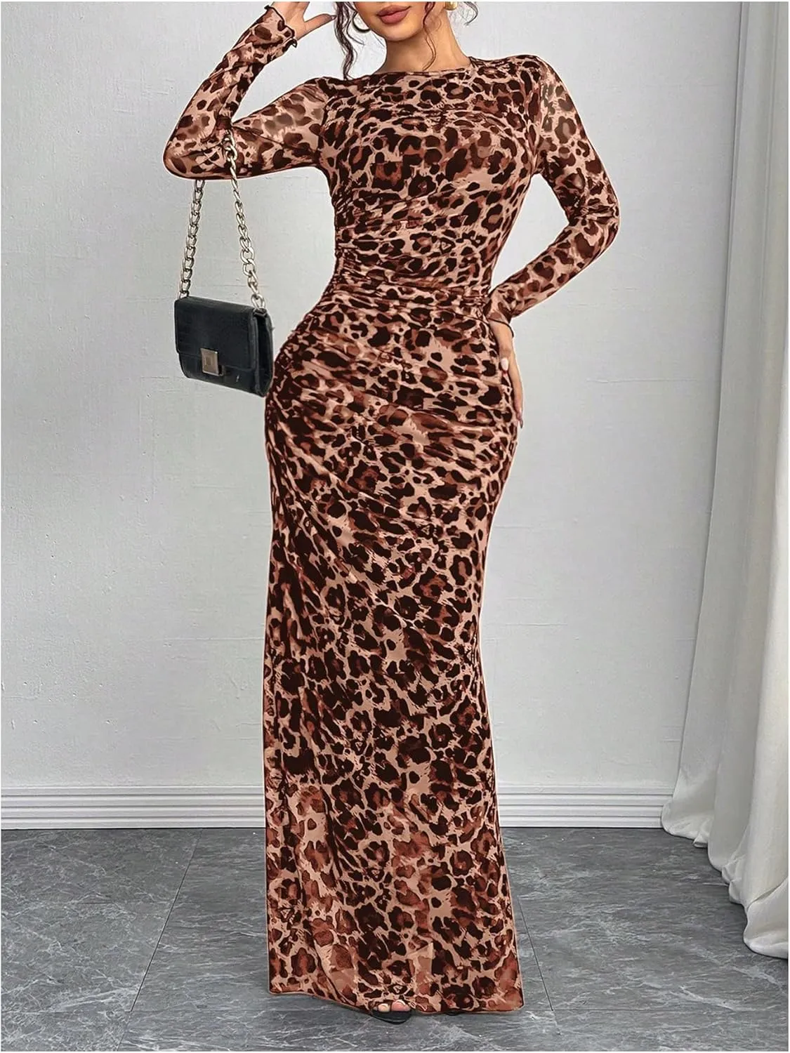 Women's Y2k Leopard Print Fitted Mesh Sheer Bodycon Dress Cheetah Long Sleeve Crew Neck Maxi Dress