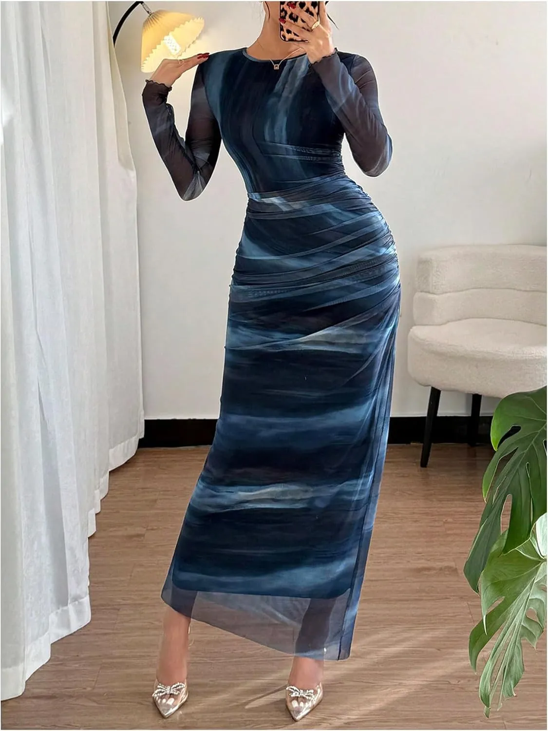 Women's Y2k Leopard Print Fitted Mesh Sheer Bodycon Dress Cheetah Long Sleeve Crew Neck Maxi Dress