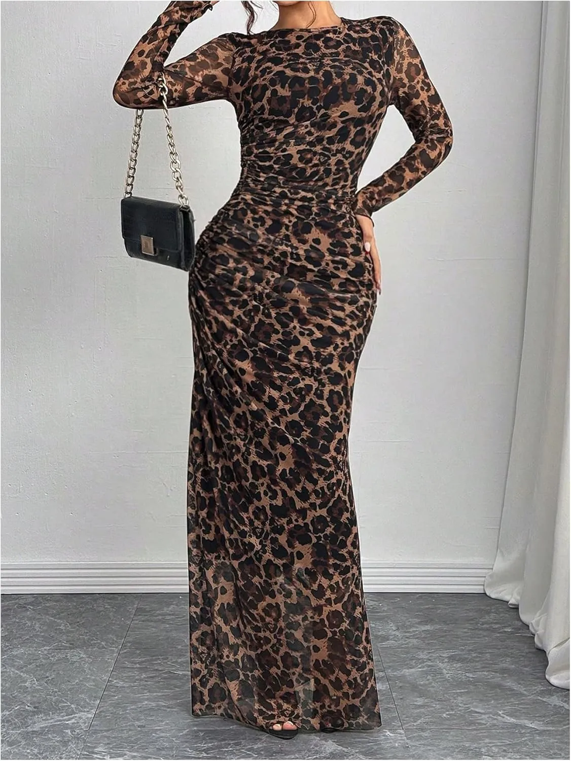 Women's Y2k Leopard Print Fitted Mesh Sheer Bodycon Dress Cheetah Long Sleeve Crew Neck Maxi Dress