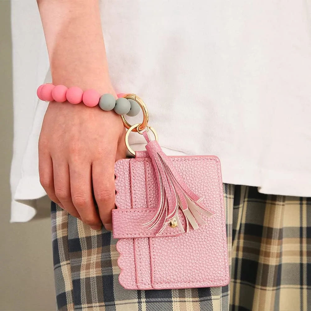 Wristlet Keychain Bracelet Leather Wallet,Key Ring Silicone Bead Bangle Car Key Rings with Bangle Card Holder Tassel Card Pocket Key Chains for Woman and Girl,Gold