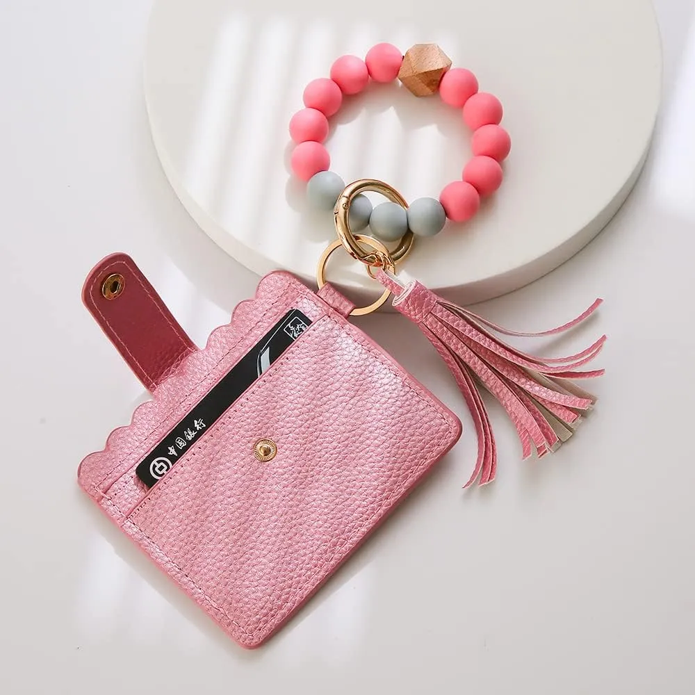 Wristlet Keychain Bracelet Leather Wallet,Key Ring Silicone Bead Bangle Car Key Rings with Bangle Card Holder Tassel Card Pocket Key Chains for Woman and Girl,Gold