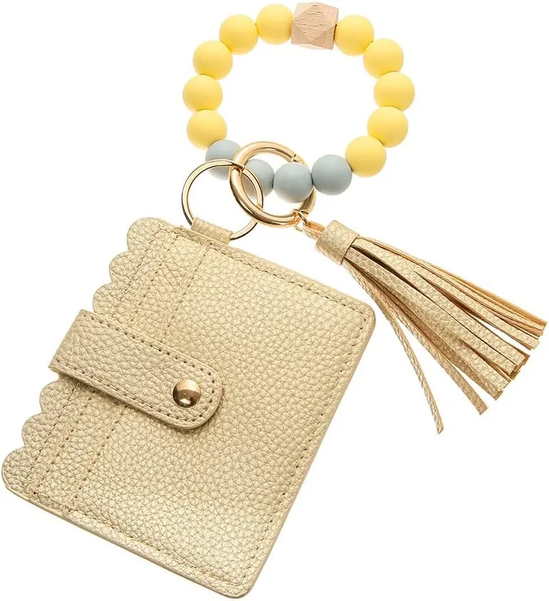 Wristlet Keychain Bracelet Leather Wallet,Key Ring Silicone Bead Bangle Car Key Rings with Bangle Card Holder Tassel Card Pocket Key Chains for Woman and Girl,Gold