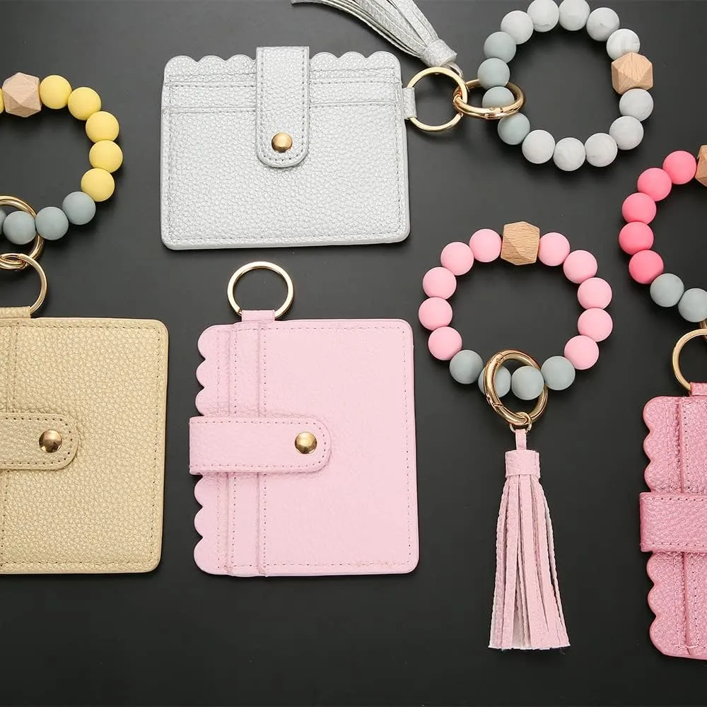 Wristlet Keychain Bracelet Leather Wallet,Key Ring Silicone Bead Bangle Car Key Rings with Bangle Card Holder Tassel Card Pocket Key Chains for Woman and Girl,Gold