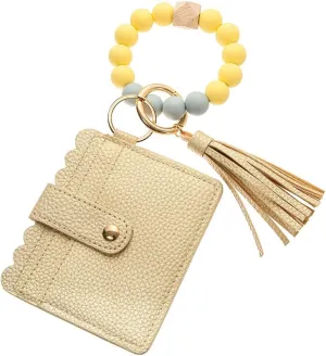 Wristlet Keychain Bracelet Leather Wallet,Key Ring Silicone Bead Bangle Car Key Rings with Bangle Card Holder Tassel Card Pocket Key Chains for Woman and Girl,Gold