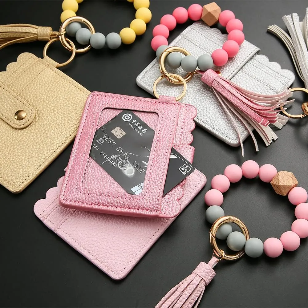 Wristlet Keychain Bracelet Leather Wallet,Key Ring Silicone Bead Bangle Car Key Rings with Bangle Card Holder Tassel Card Pocket Key Chains for Woman and Girl,Gold