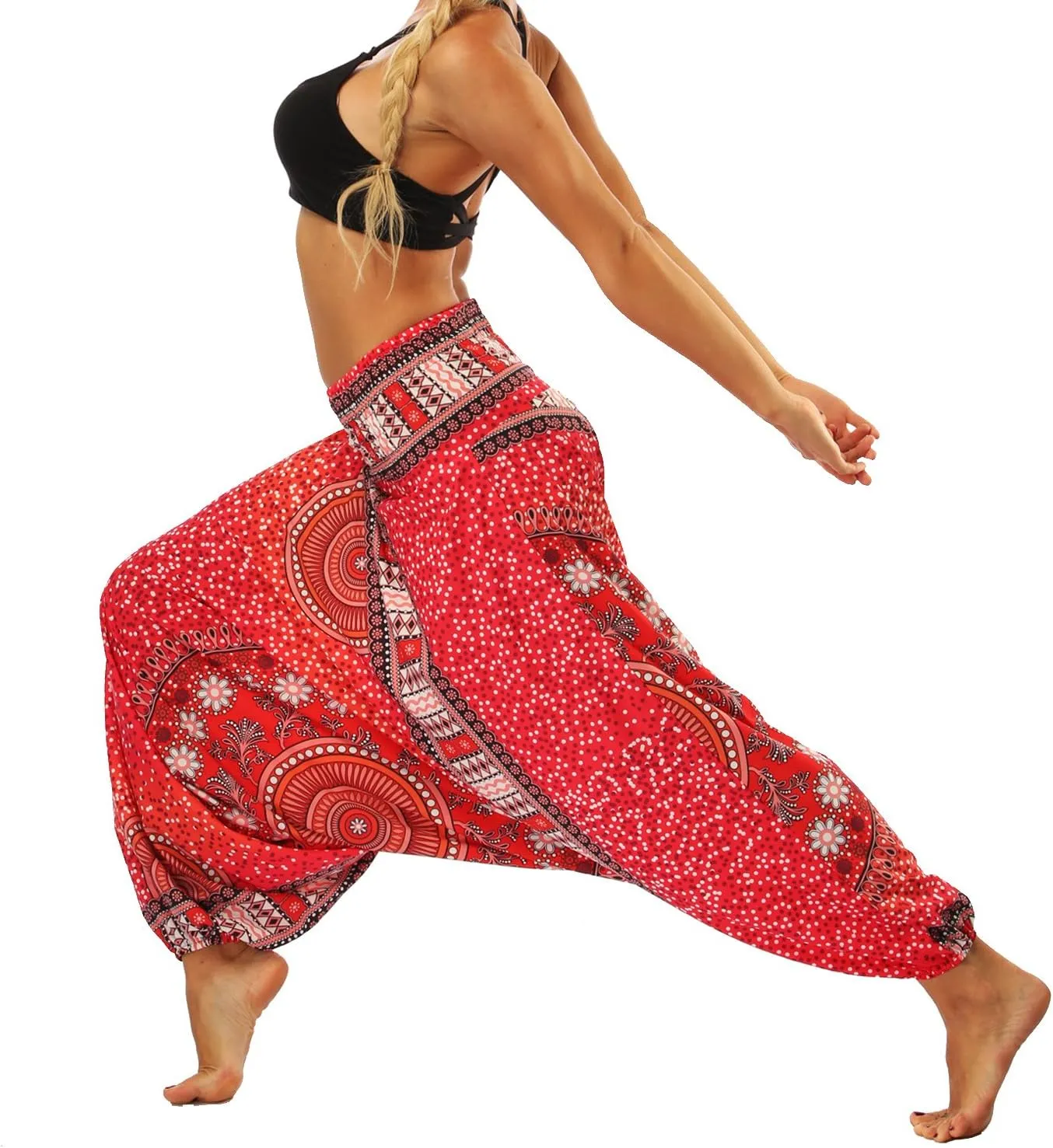 Xixiuly Women Drop Crotch Hippie Harem Pants Boho Pattern High Waist Baggy Yoga Trousers