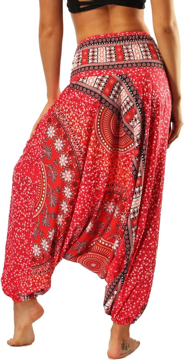 Xixiuly Women Drop Crotch Hippie Harem Pants Boho Pattern High Waist Baggy Yoga Trousers