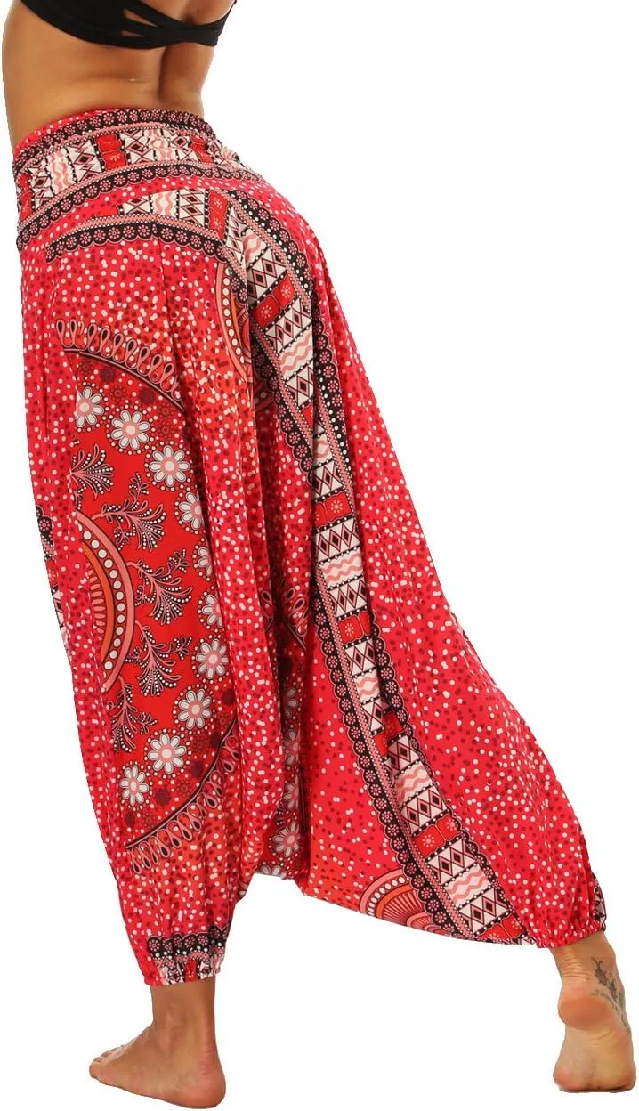 Xixiuly Women Drop Crotch Hippie Harem Pants Boho Pattern High Waist Baggy Yoga Trousers