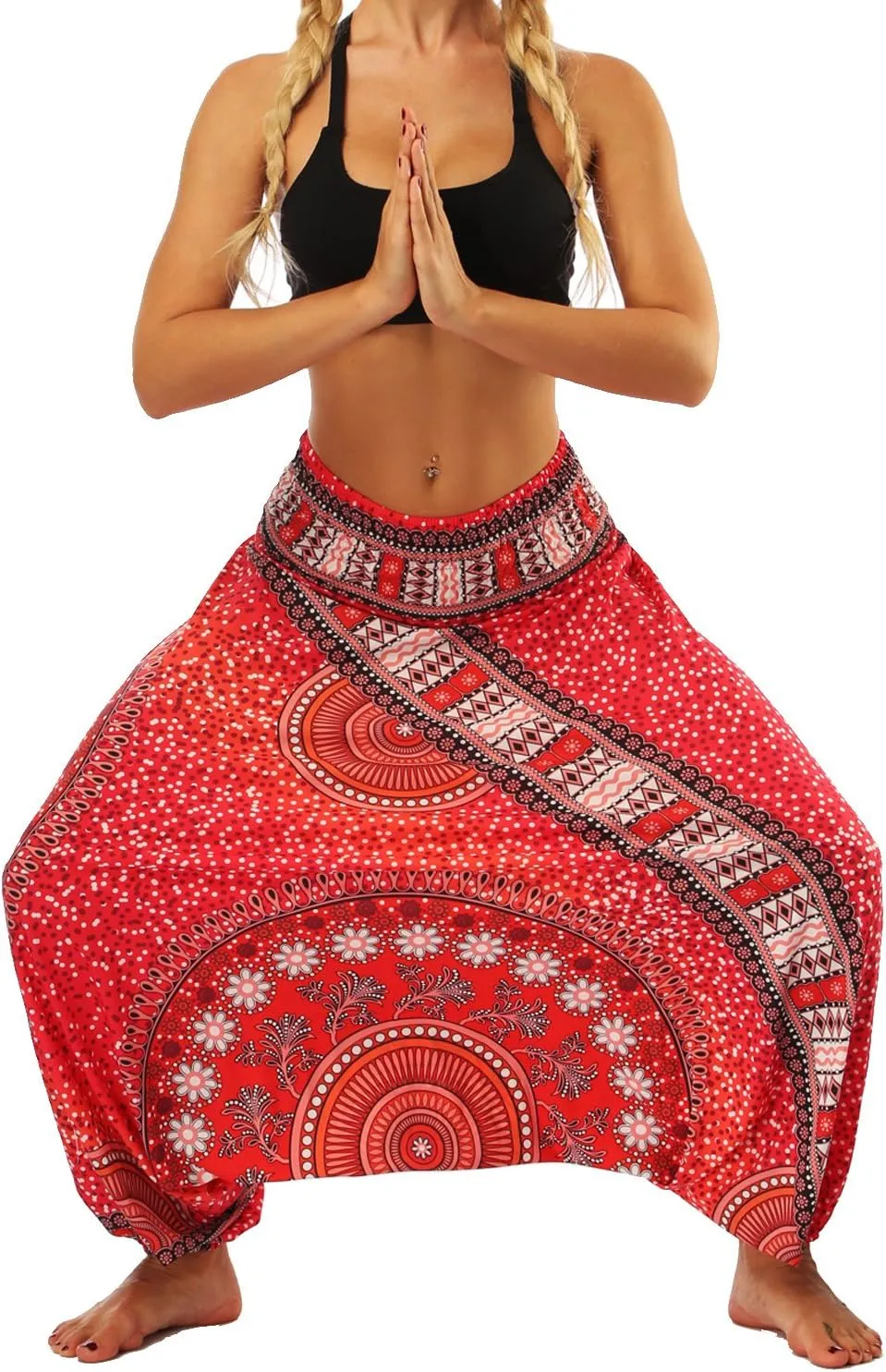 Xixiuly Women Drop Crotch Hippie Harem Pants Boho Pattern High Waist Baggy Yoga Trousers