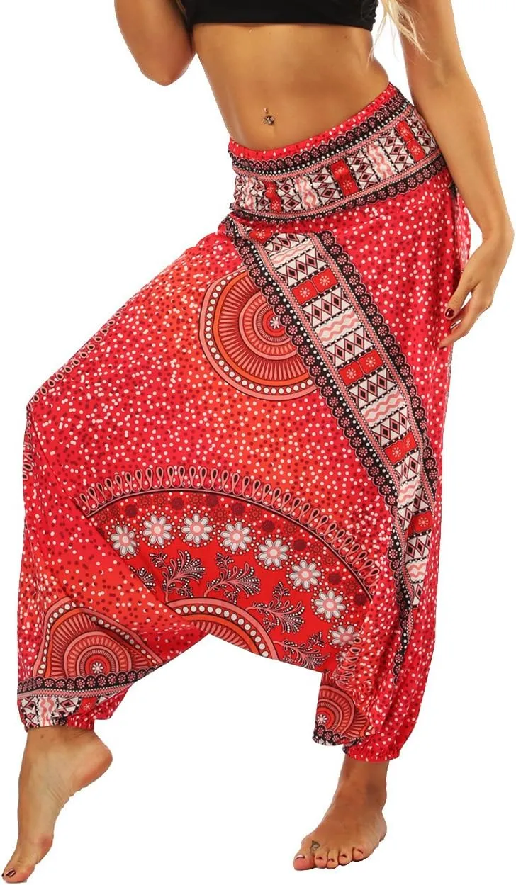 Xixiuly Women Drop Crotch Hippie Harem Pants Boho Pattern High Waist Baggy Yoga Trousers