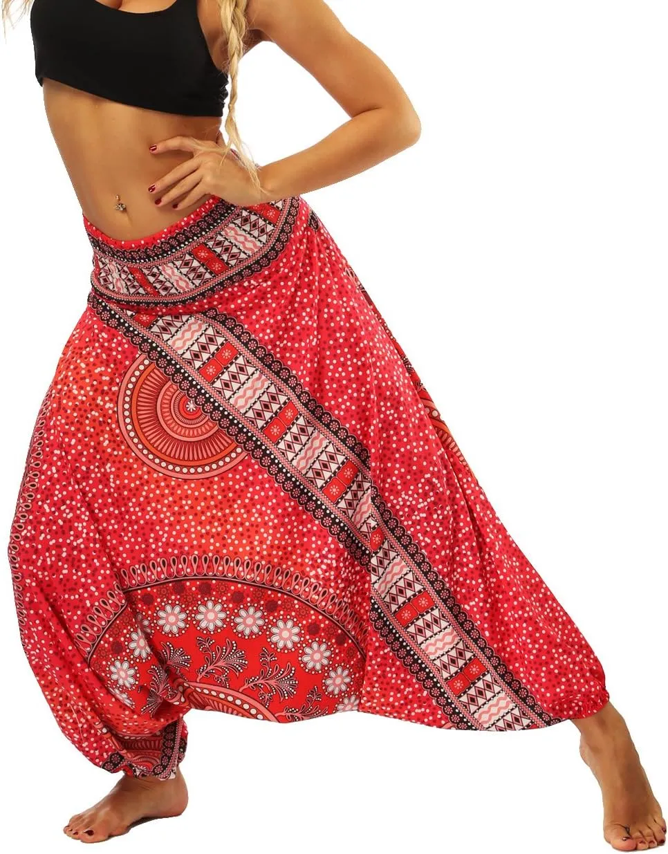 Xixiuly Women Drop Crotch Hippie Harem Pants Boho Pattern High Waist Baggy Yoga Trousers